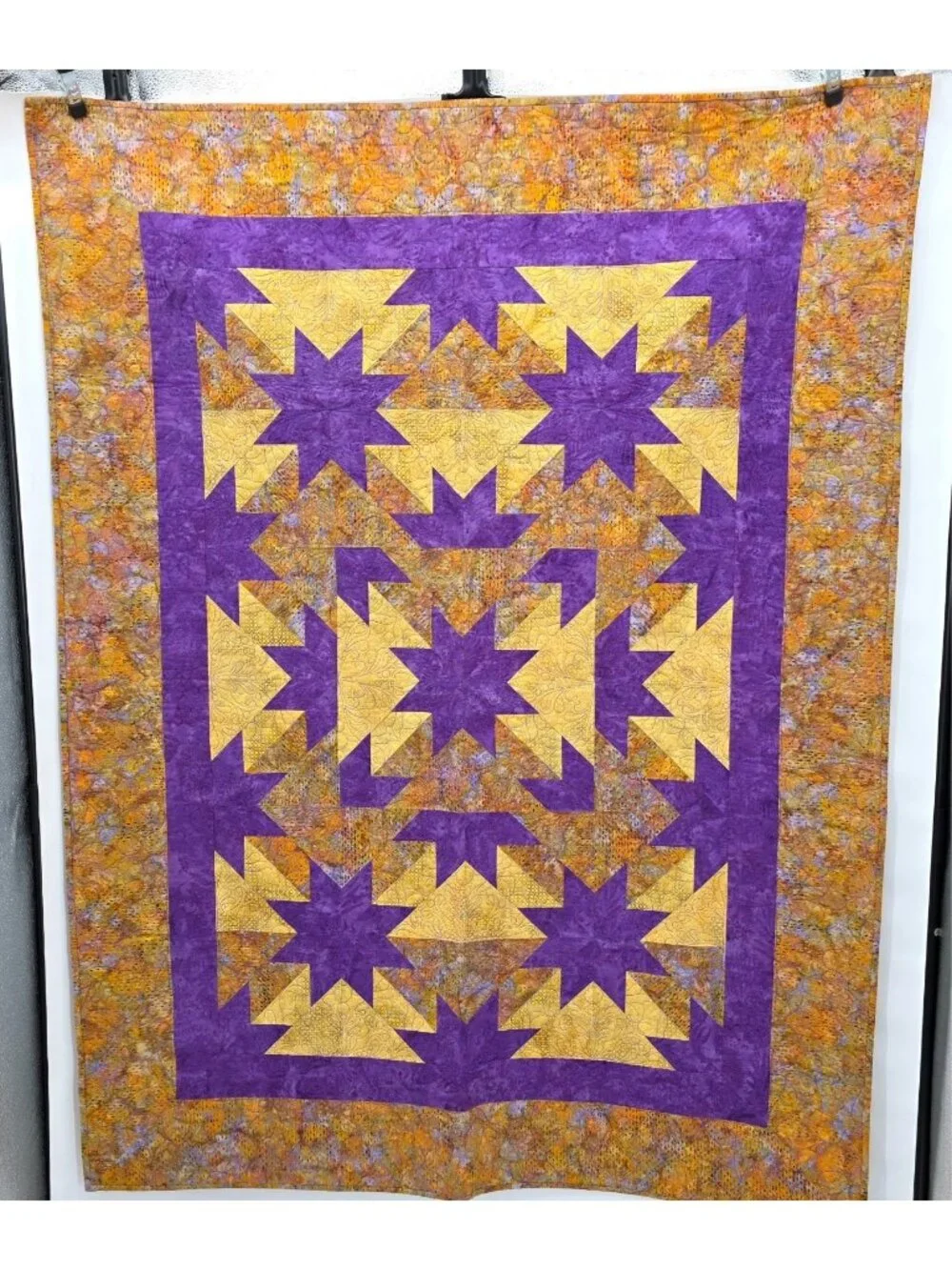 Patchwork 8 point Star Quilt 42x56 Purple Yellow Lap Throw Wall Machine Stitched